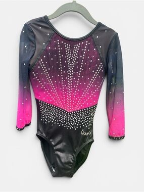 Quatro Long Sleeve Gymnastics Leotard Ombre Pink Black Rhinestone CME Child Med
